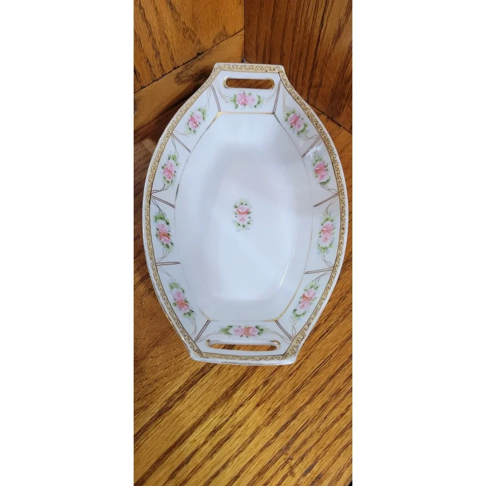 Nippon Hand Painted Art Porcelain Floral Gold Trim Oval Serving Bowl w/ Handles